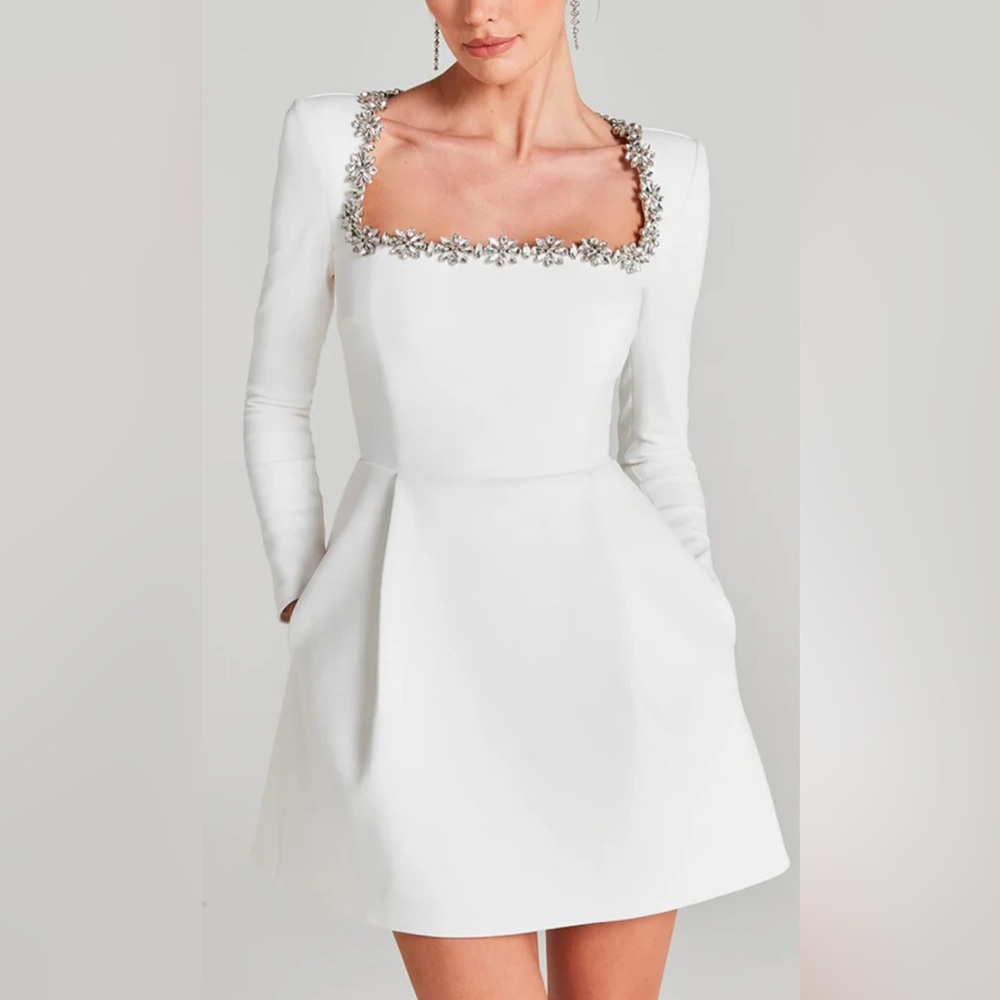 Sparkling Square Neckline Long-Sleeve White Mini Dress with Pockets